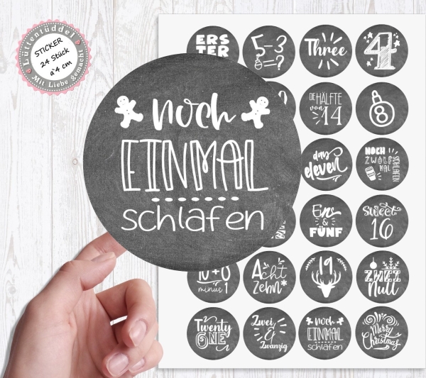 24 Stück zuckersüße Zahlen Adventskalenderaufkleber Sticker Schiefer/GRAU Weihnachten  /4cm rund mit-oder ohne 24 Beutelchen aus Kraftpapier - von Lüttentüddel